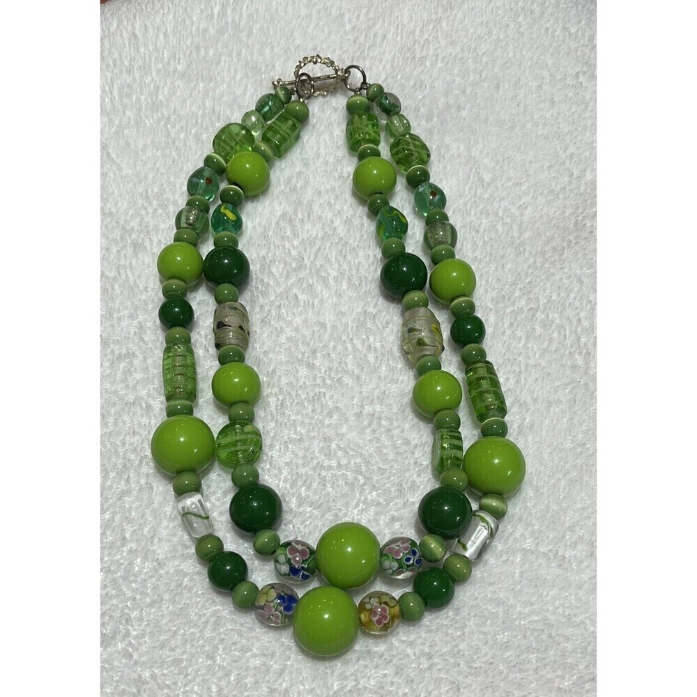 Vintage Green Blue Pink Enamel Cloisonné Beads & 60s Mod Bead Double Necklace